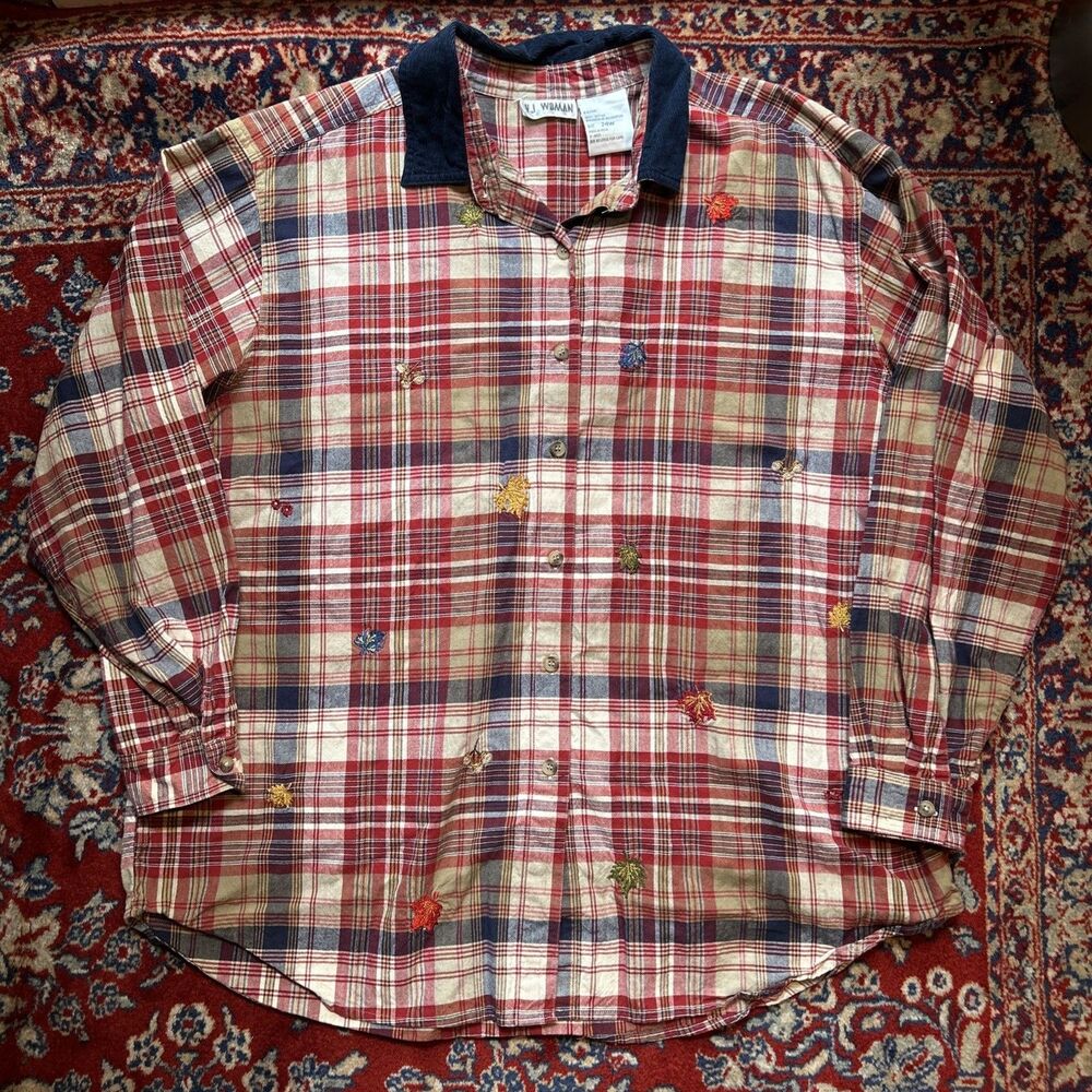 VJ Woman Shirt Womens 24W Brown Plaid Embroidery Harvest Fall Work Farm Ranch